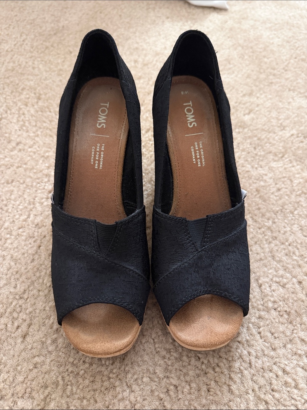 TOMS Black Peep Toe Cork Wedge Heels Women’s Size 8 Comfortable